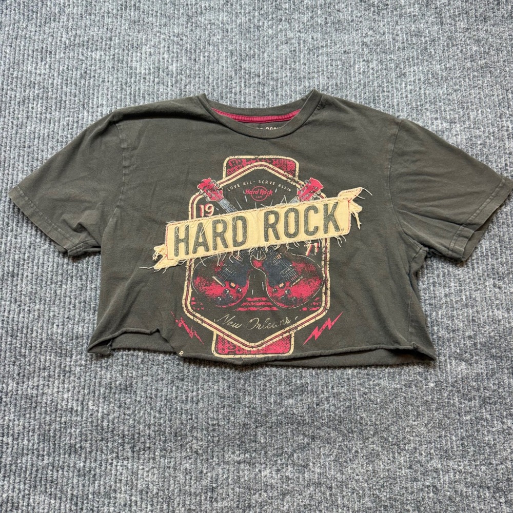 Hard Rock Cafe New Orleans Cropped Graphic T Shirt Gray Womens Small Cotton